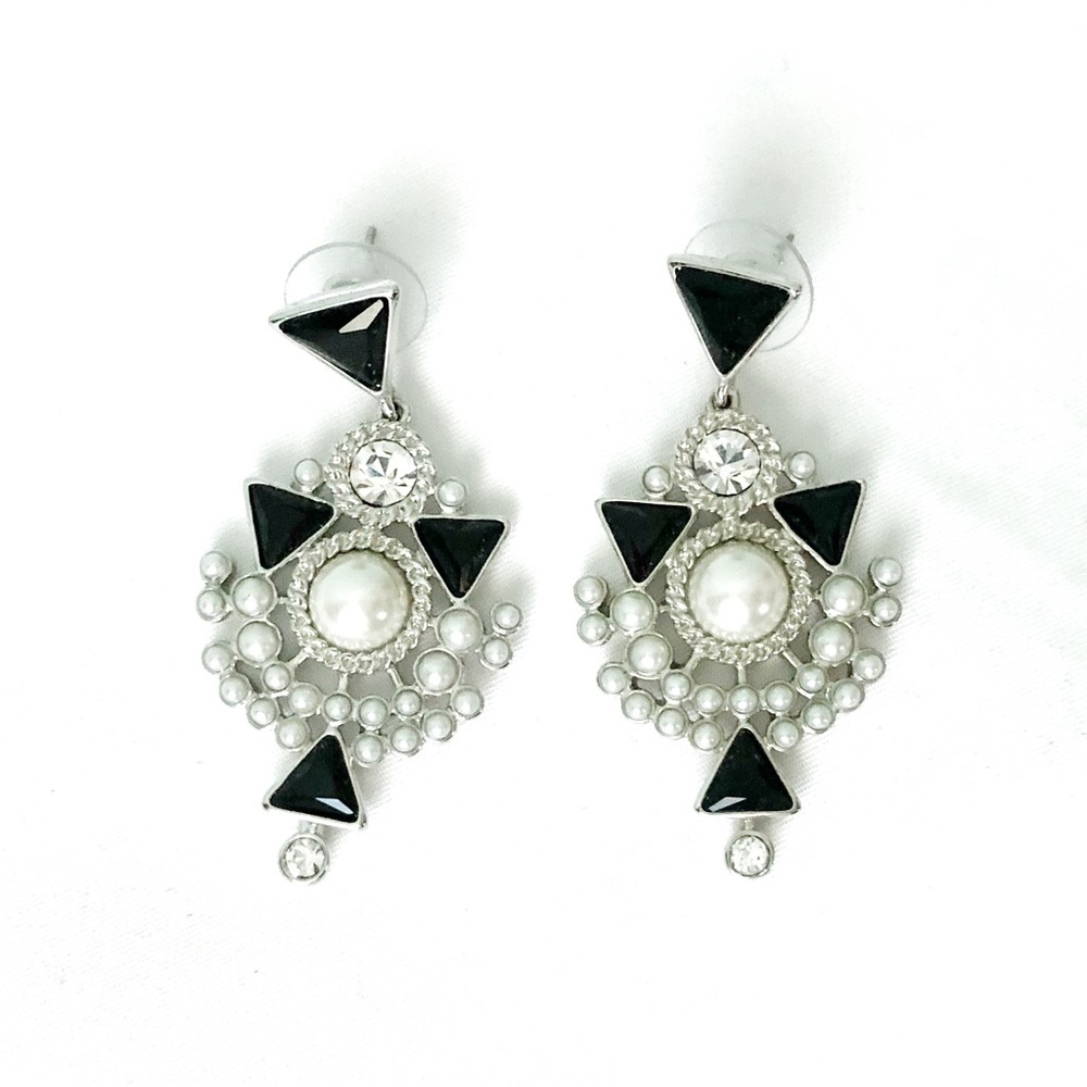 Givenchy Earrings Silvertone Art Deco Style Black Pearl